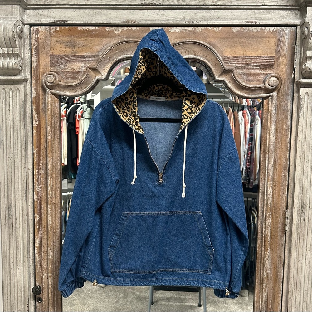 Denim Hoodie w/ Leopard
